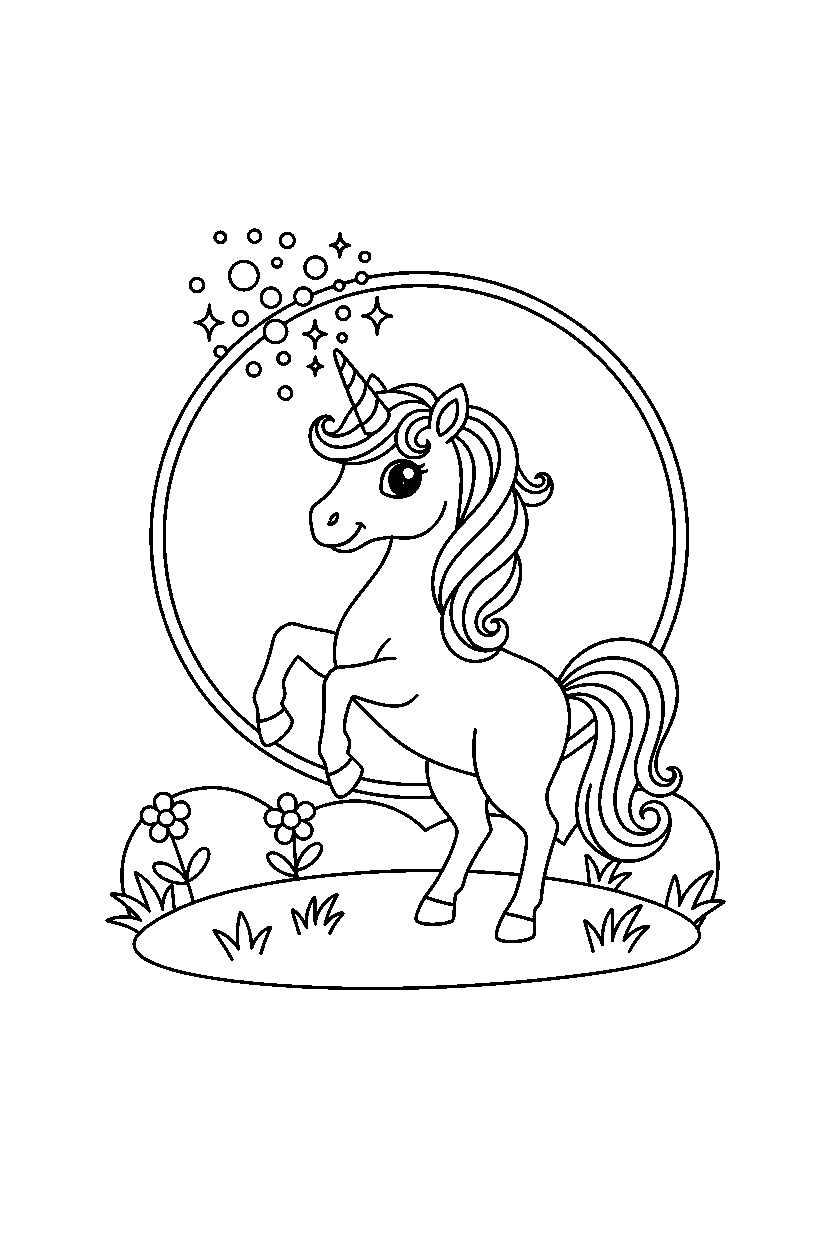 storybook unicorn making a magic sparkle in a glowing meadow line art