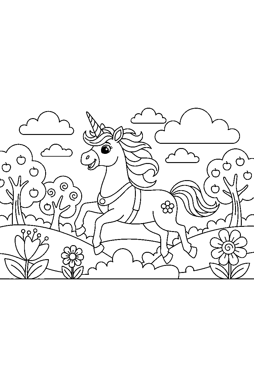 storybook unicorn running happily in a colorful world line art