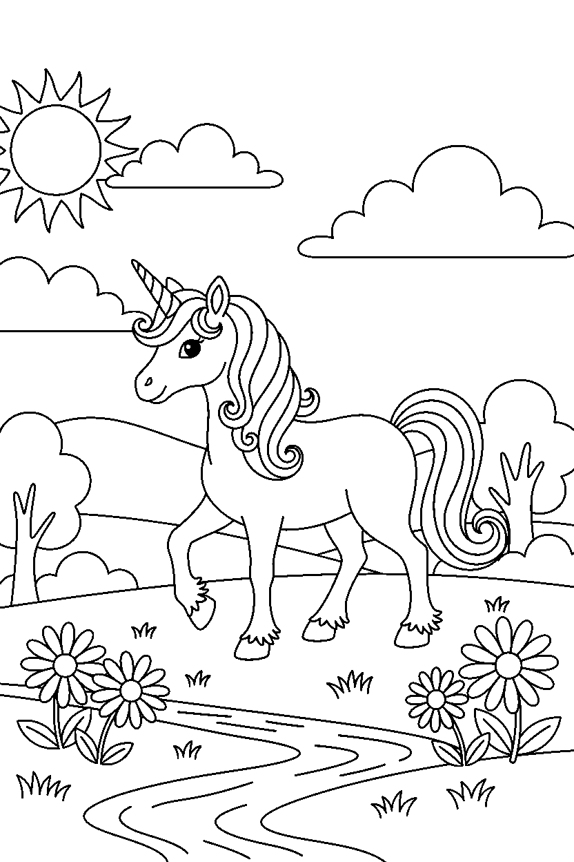 storybook unicorn walking gently in a peaceful countryside line art
