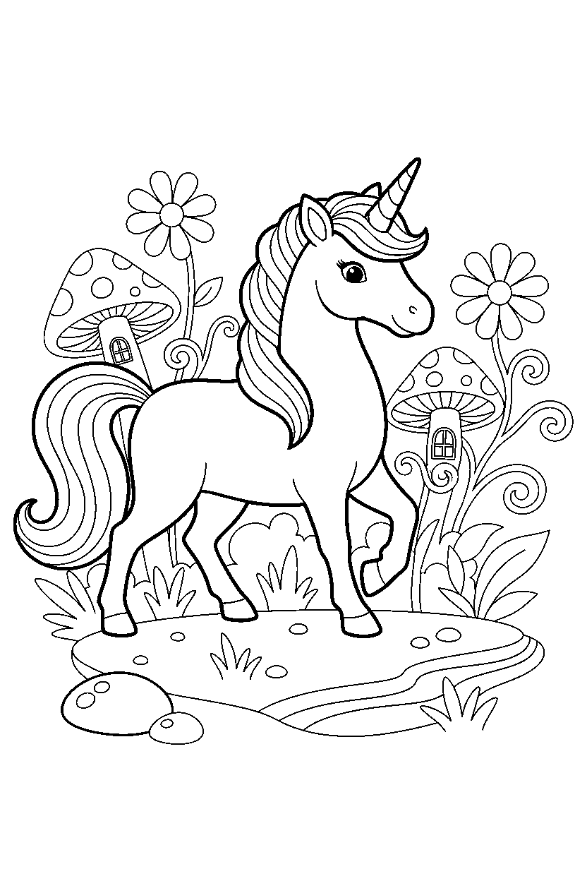 storybook unicorn walking proudly in a fairy garden line art