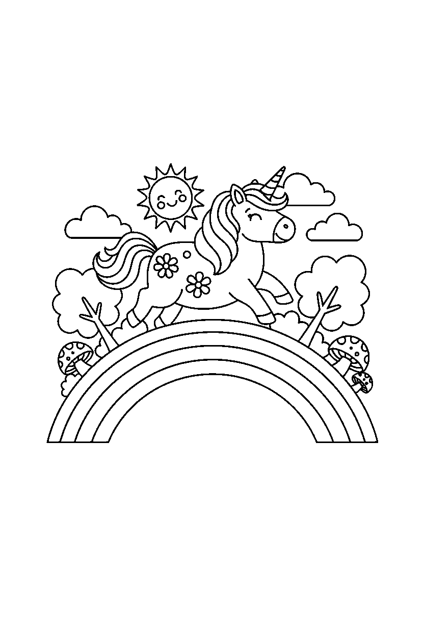 summer unicorn exploring happily on a rainbow hill line art