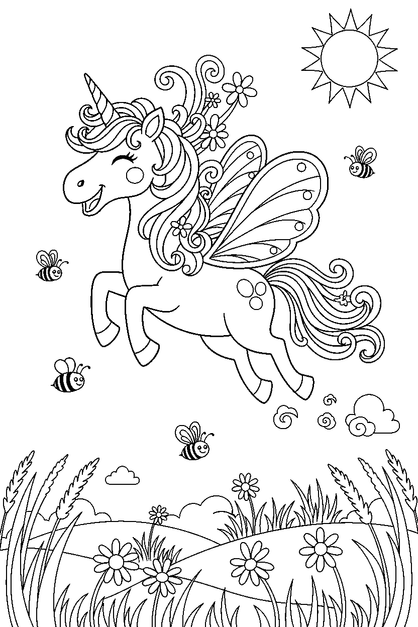 summer unicorn flying happily on a bright meadow line art
