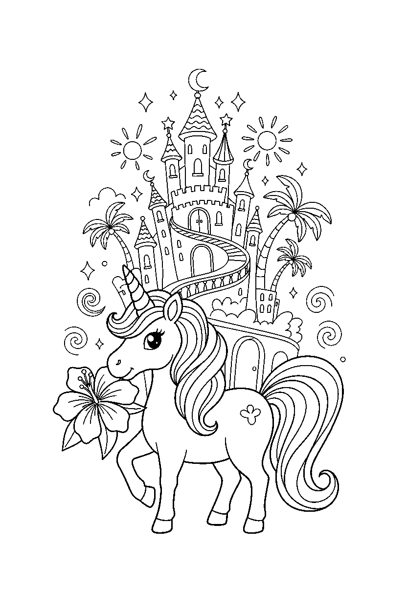 summer unicorn holding a flower near a magic castle line art