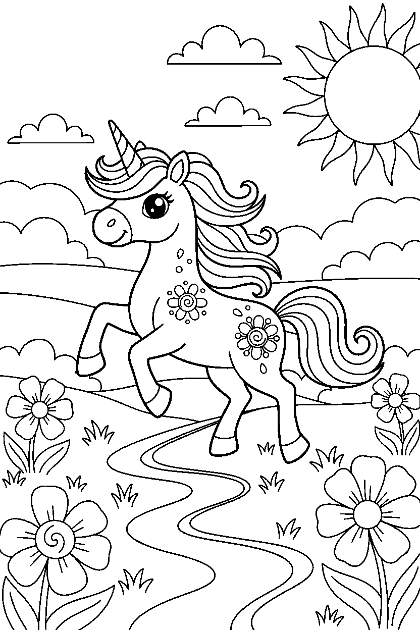 summer unicorn prancing happily on a sunny meadow line art