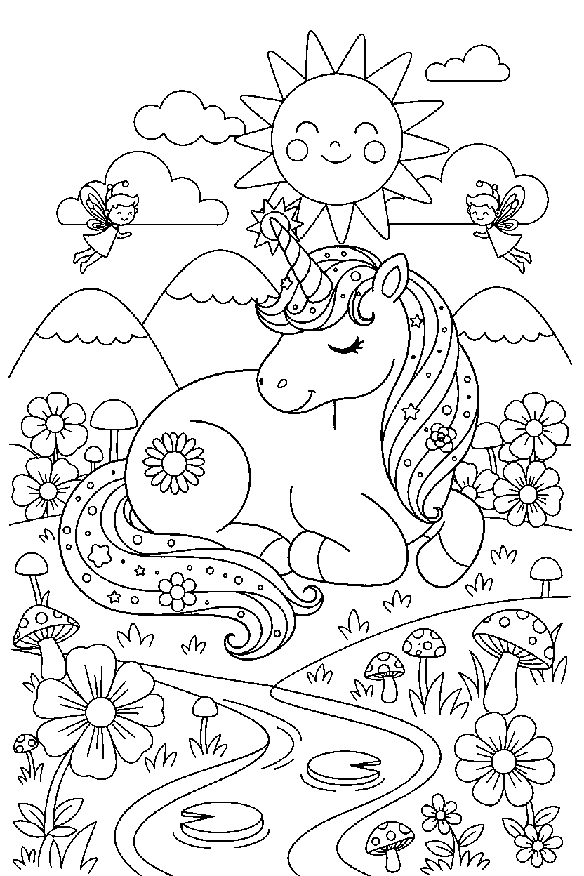 summer unicorn resting peacefully in a fairy valley line art