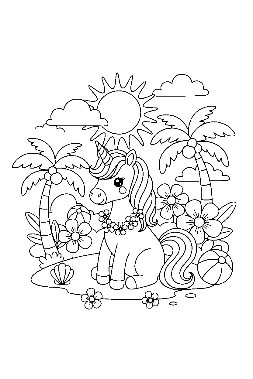 summer unicorn sitting peacefully in a colorful world line art