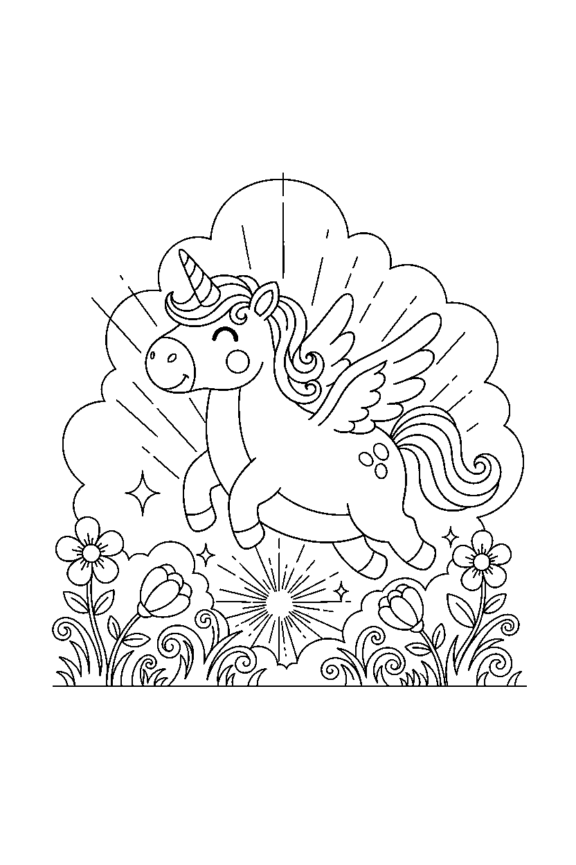 sweet unicorn flying happily in a glowing meadow line art
