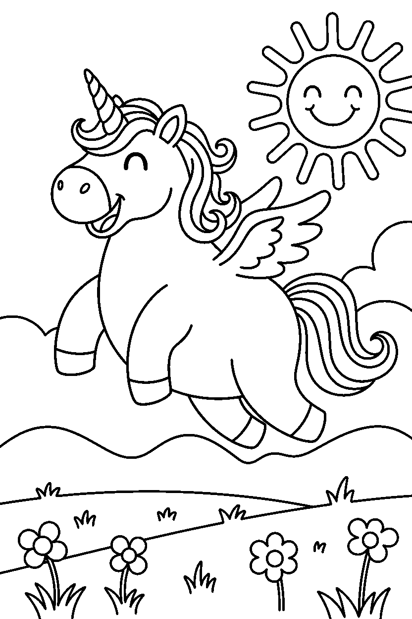 sweet unicorn flying happily on a bright meadow line art