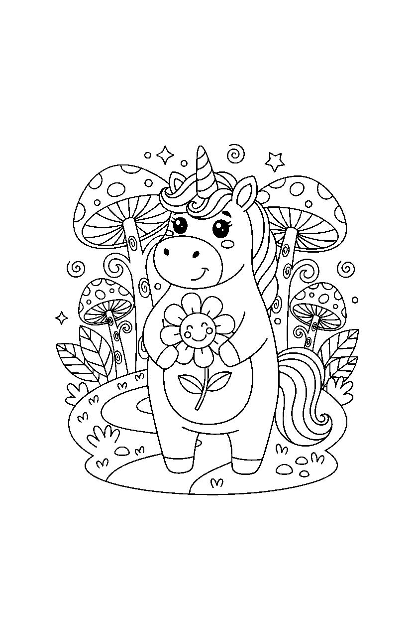 sweet unicorn holding a flower in a magical forest line art