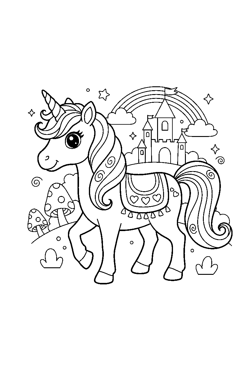 sweet unicorn walking gently in a magic kingdom line art