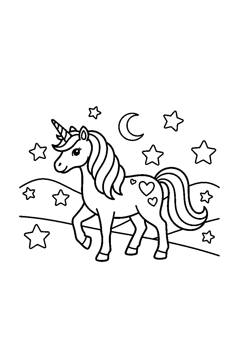 sweet unicorn walking gently in a starry valley line art