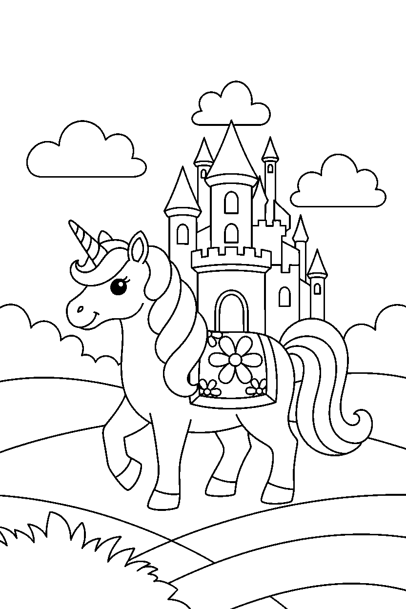 sweet unicorn walking gently near a castle line art