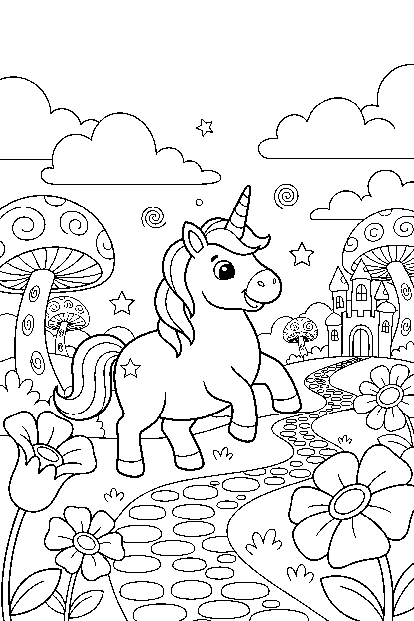 unicorn exploring happily in a dreamy landscape line art