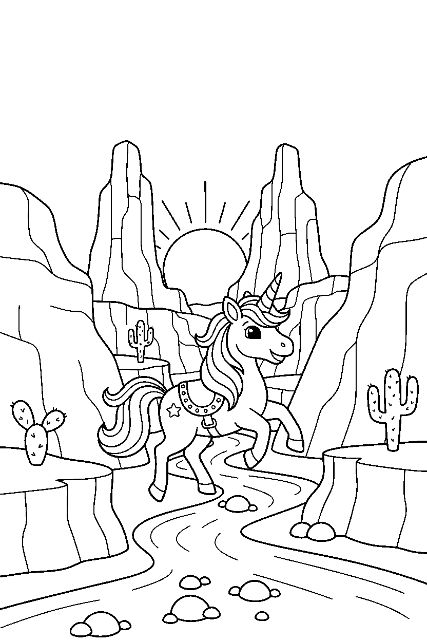 unicorn exploring in canyon line art