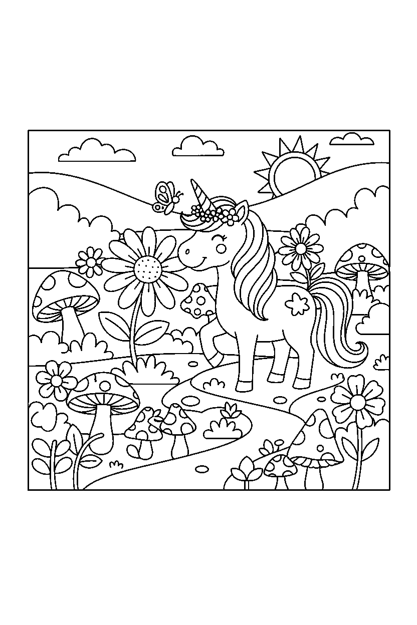 unicorn exploring in garden line art