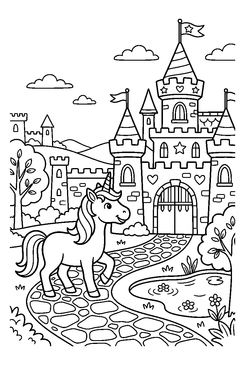 unicorn exploring in princess castle line art