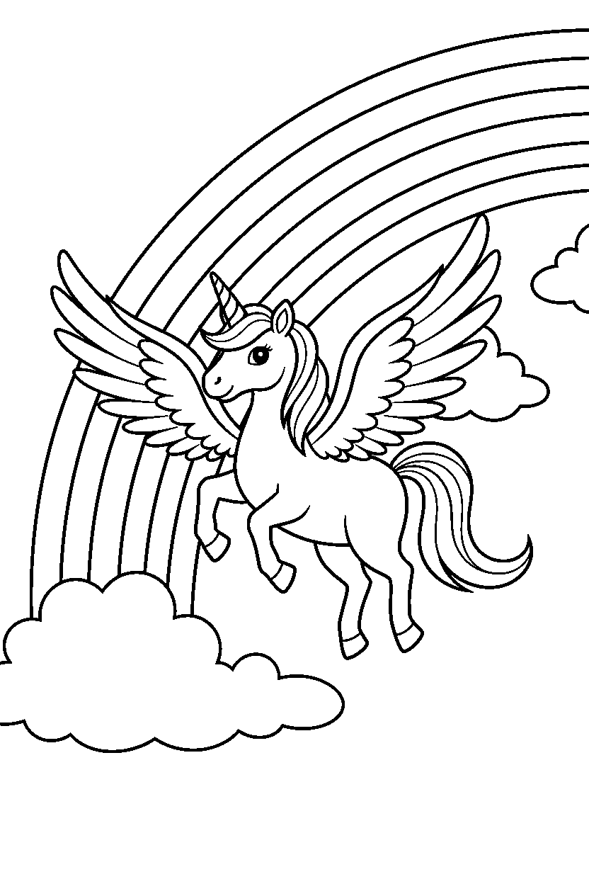 unicorn getting ready to fly near a rainbow line art