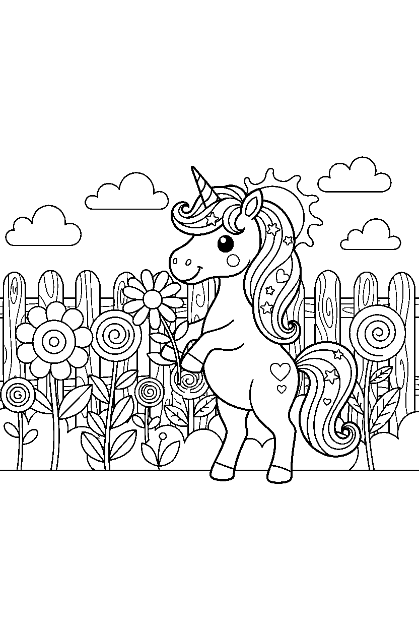 unicorn holding a flower near a flower garden line art