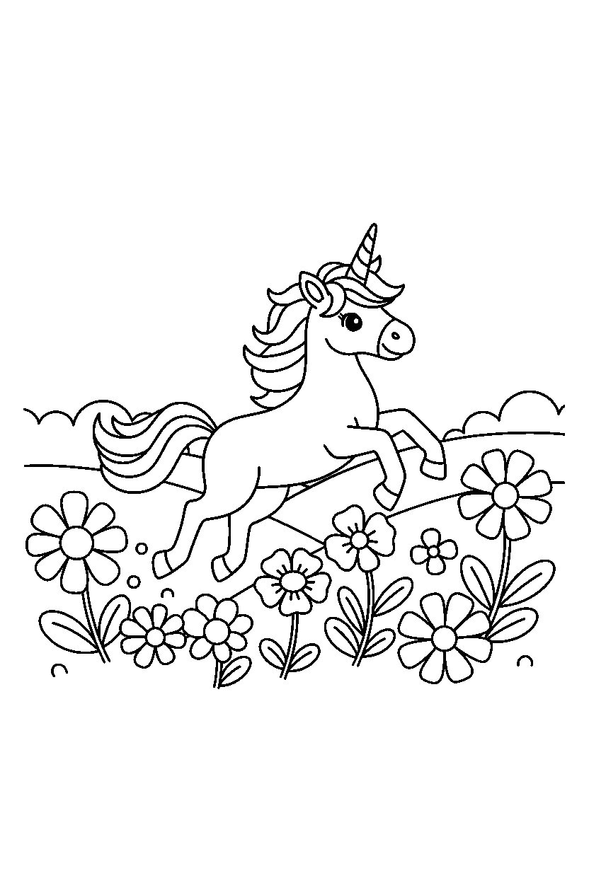 unicorn jumping happily in a flower field line art