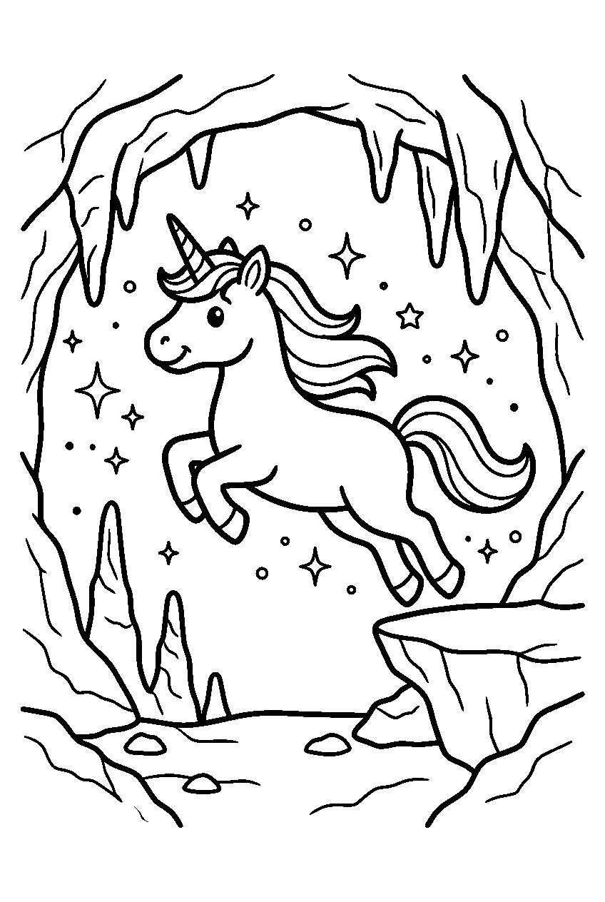 unicorn jumping in glittering cave line art