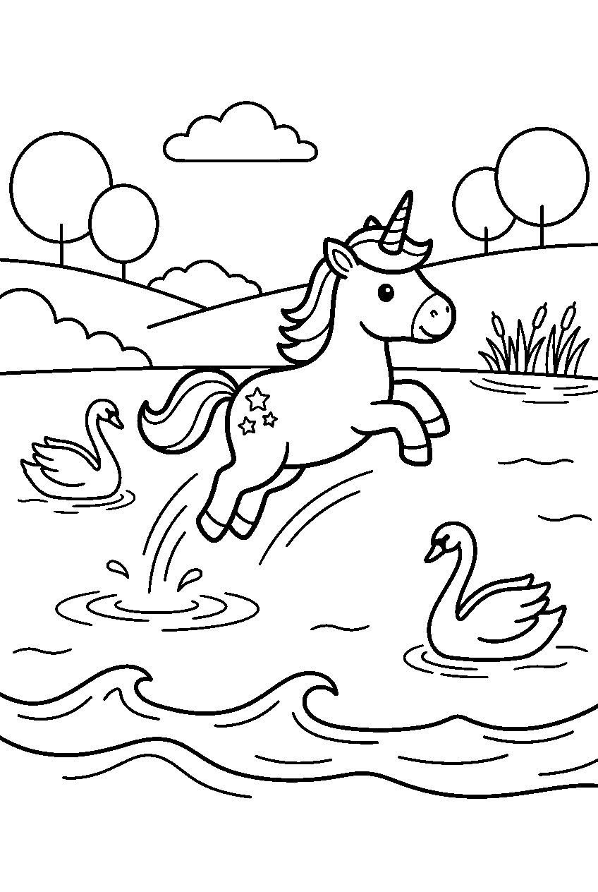 unicorn jumping in swan lake line art