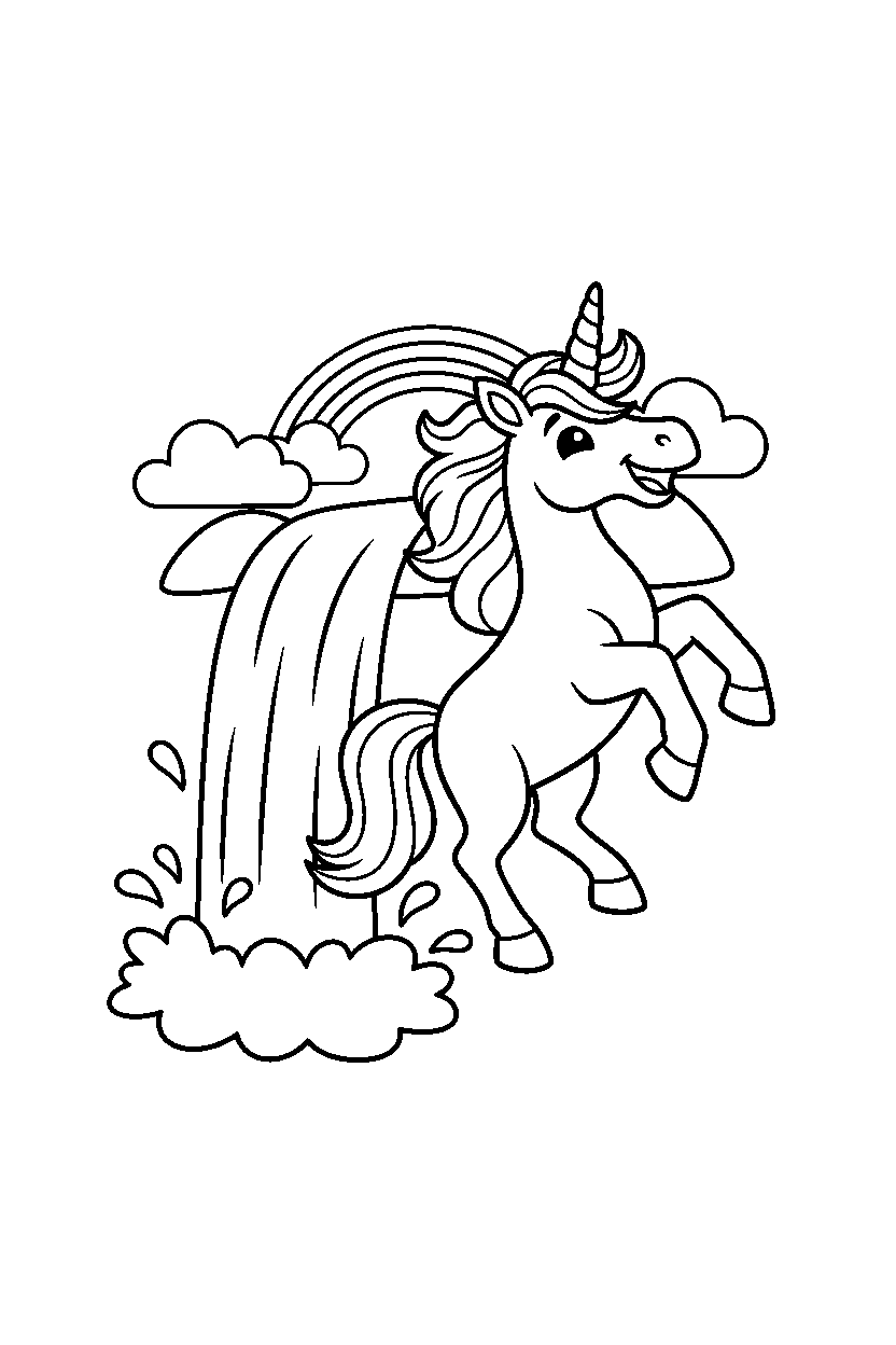 unicorn jumping with joy near a waterfall line art
