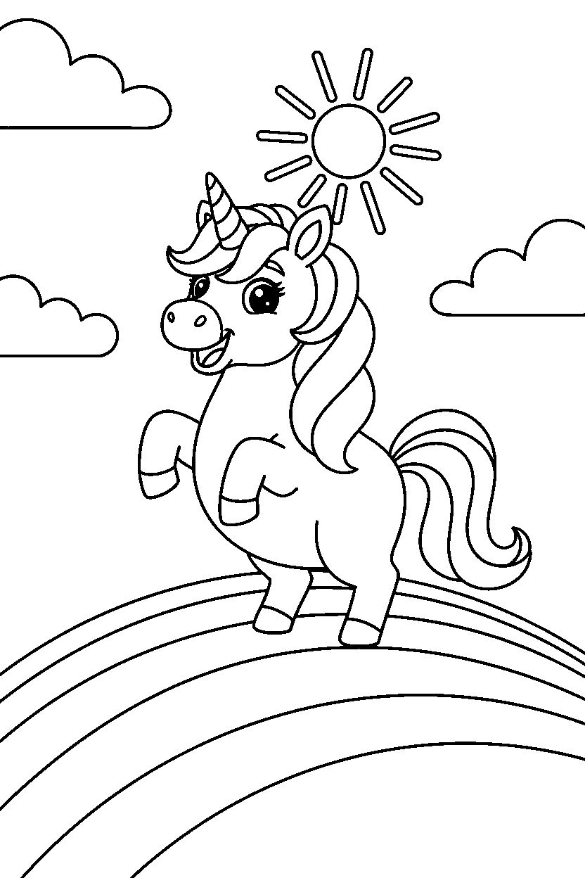 unicorn looking excited on a rainbow hill line art