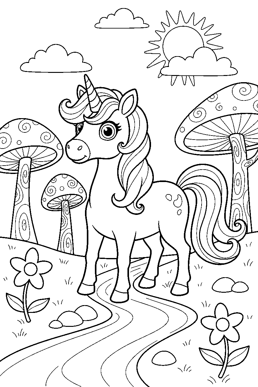 unicorn looking surprised in a fairy valley line art