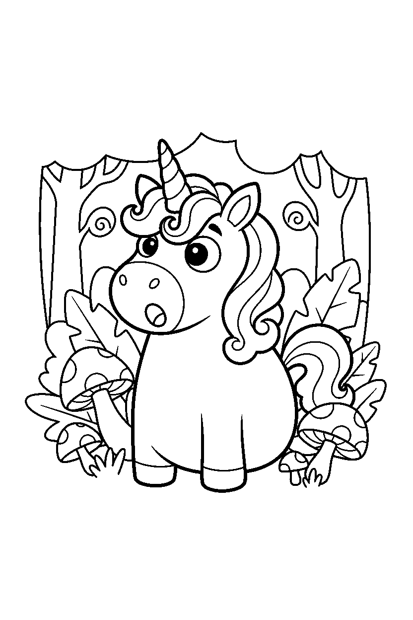 unicorn looking surprised in a hidden forest line art