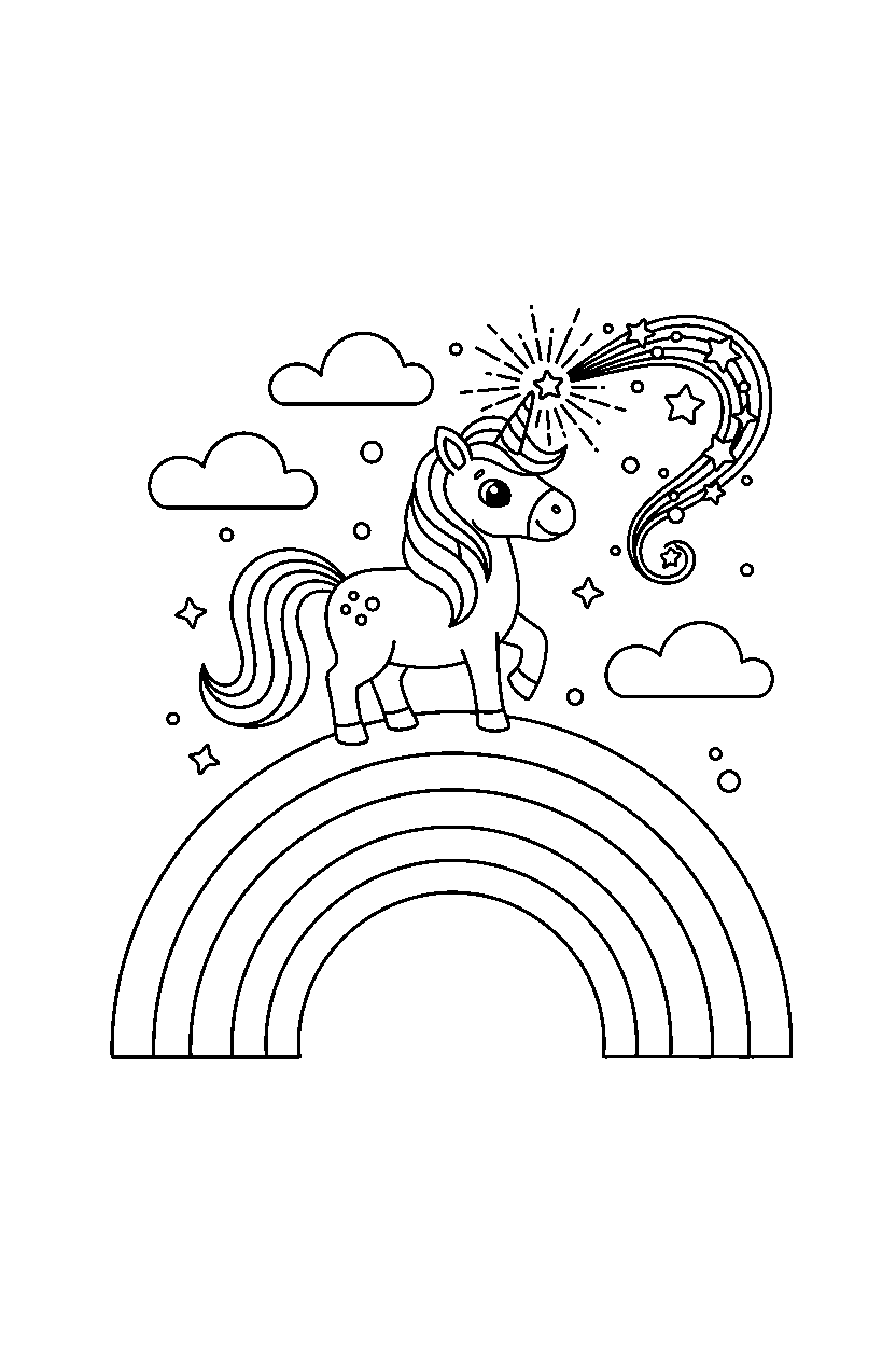 unicorn making a magic sparkle on a rainbow hill line art
