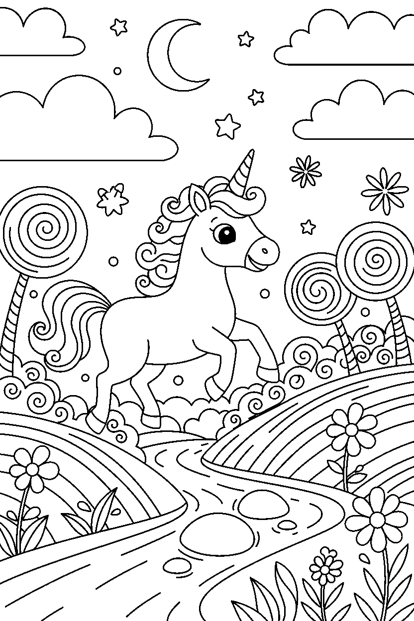 unicorn playing happily in a dreamy landscape line art