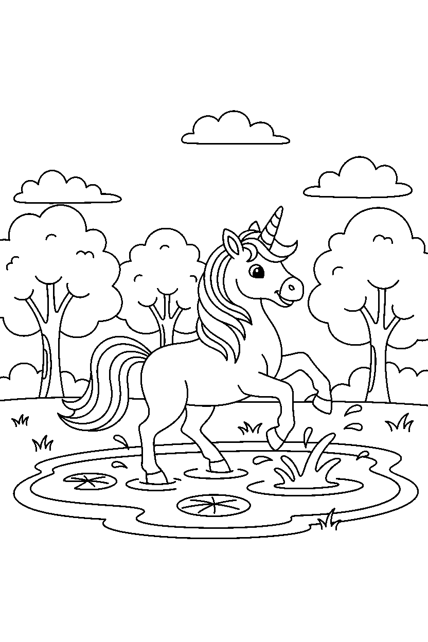 unicorn playing happily near a peaceful pond line art
