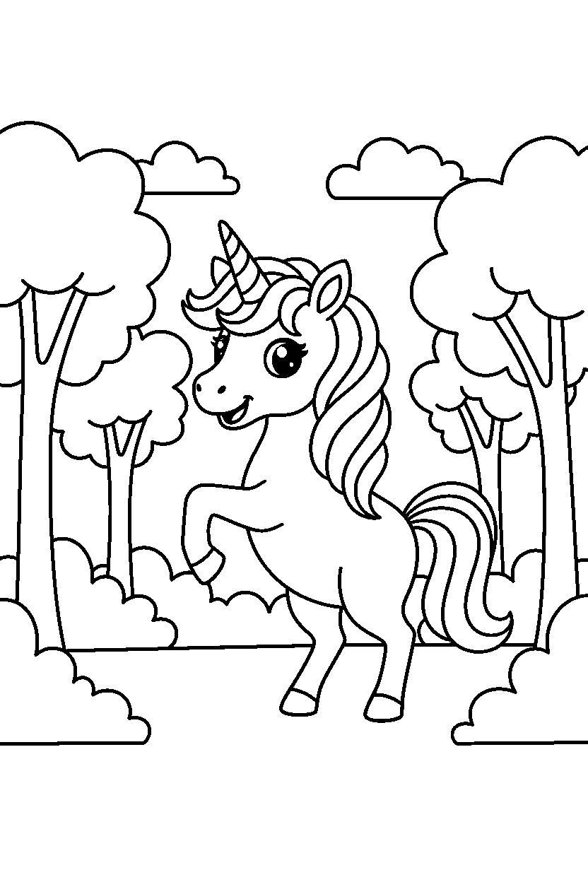 unicorn pointing in forest line art
