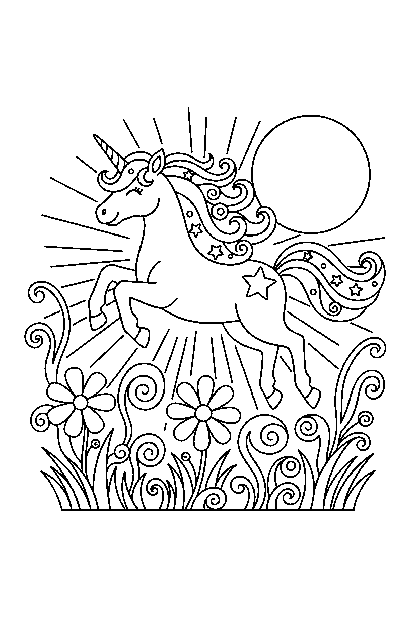 unicorn prancing happily in a glowing meadow line art
