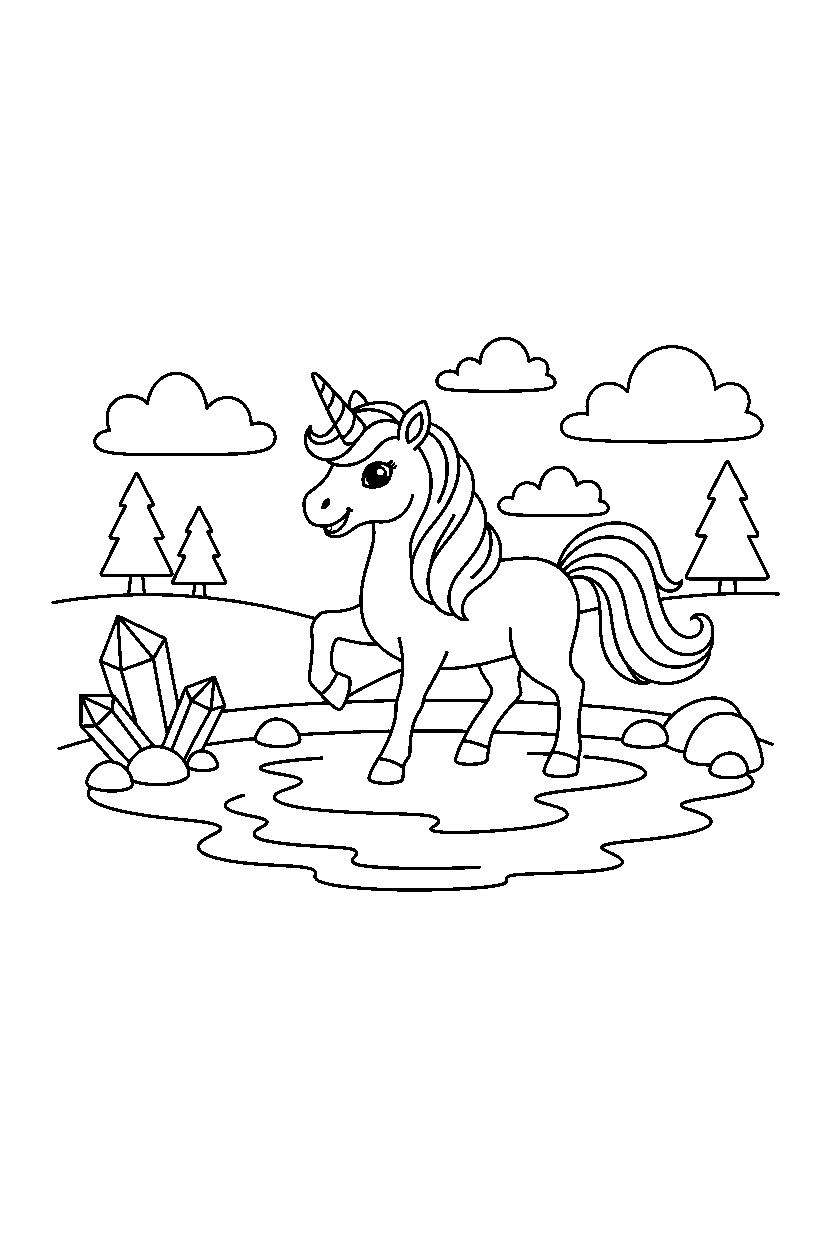 unicorn prancing happily near a crystal lake line art