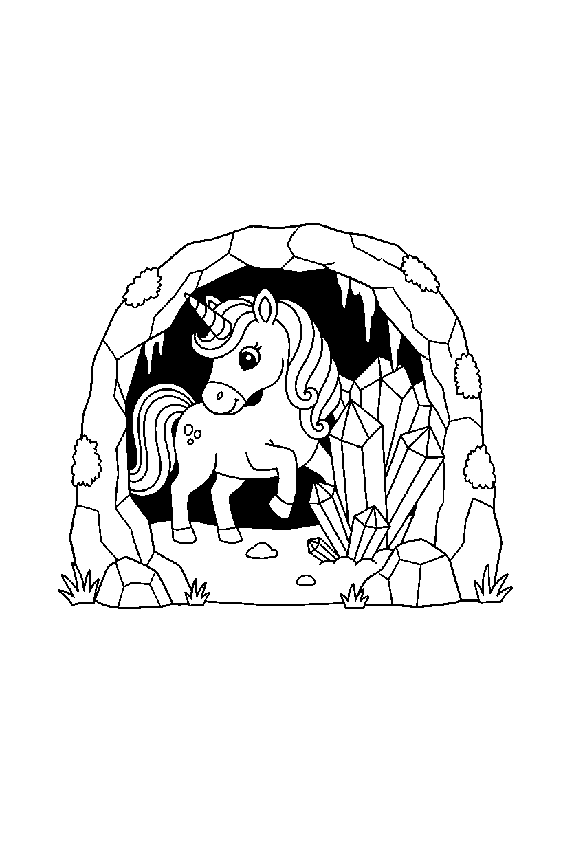 unicorn reaching in underground cave line art