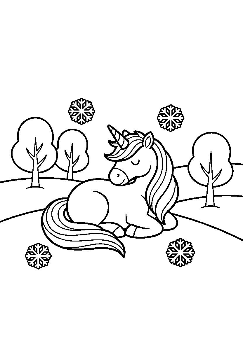 unicorn resting in snowy field line art