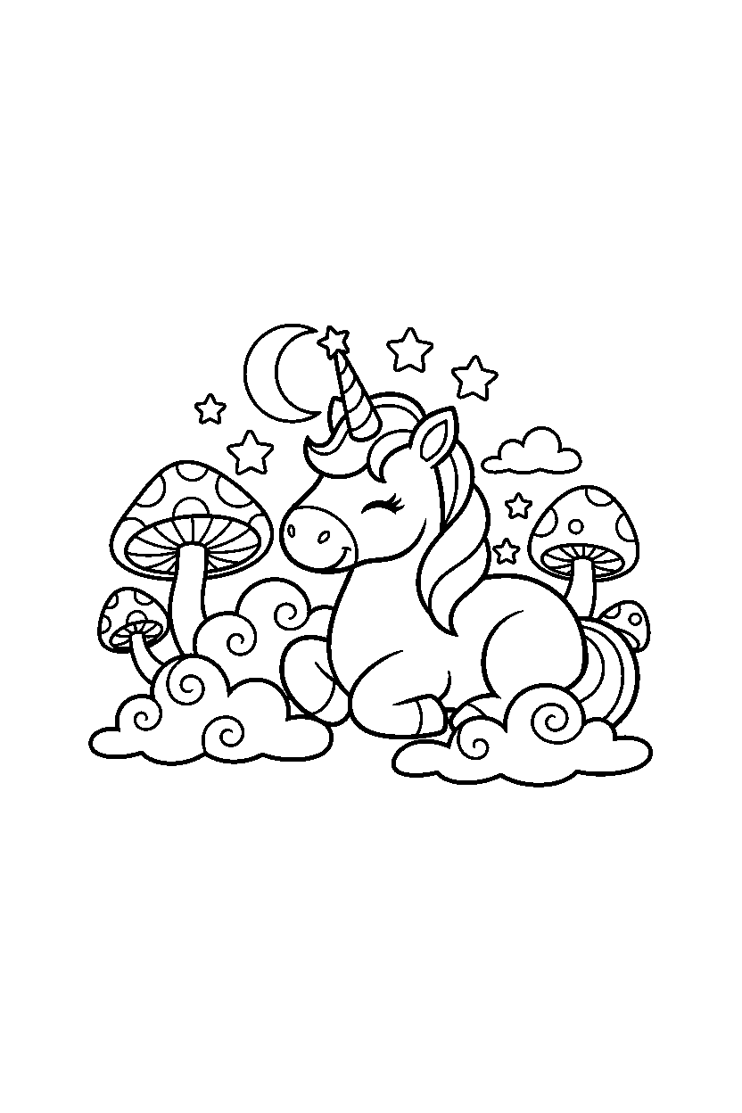 unicorn resting peacefully in a dream world line art