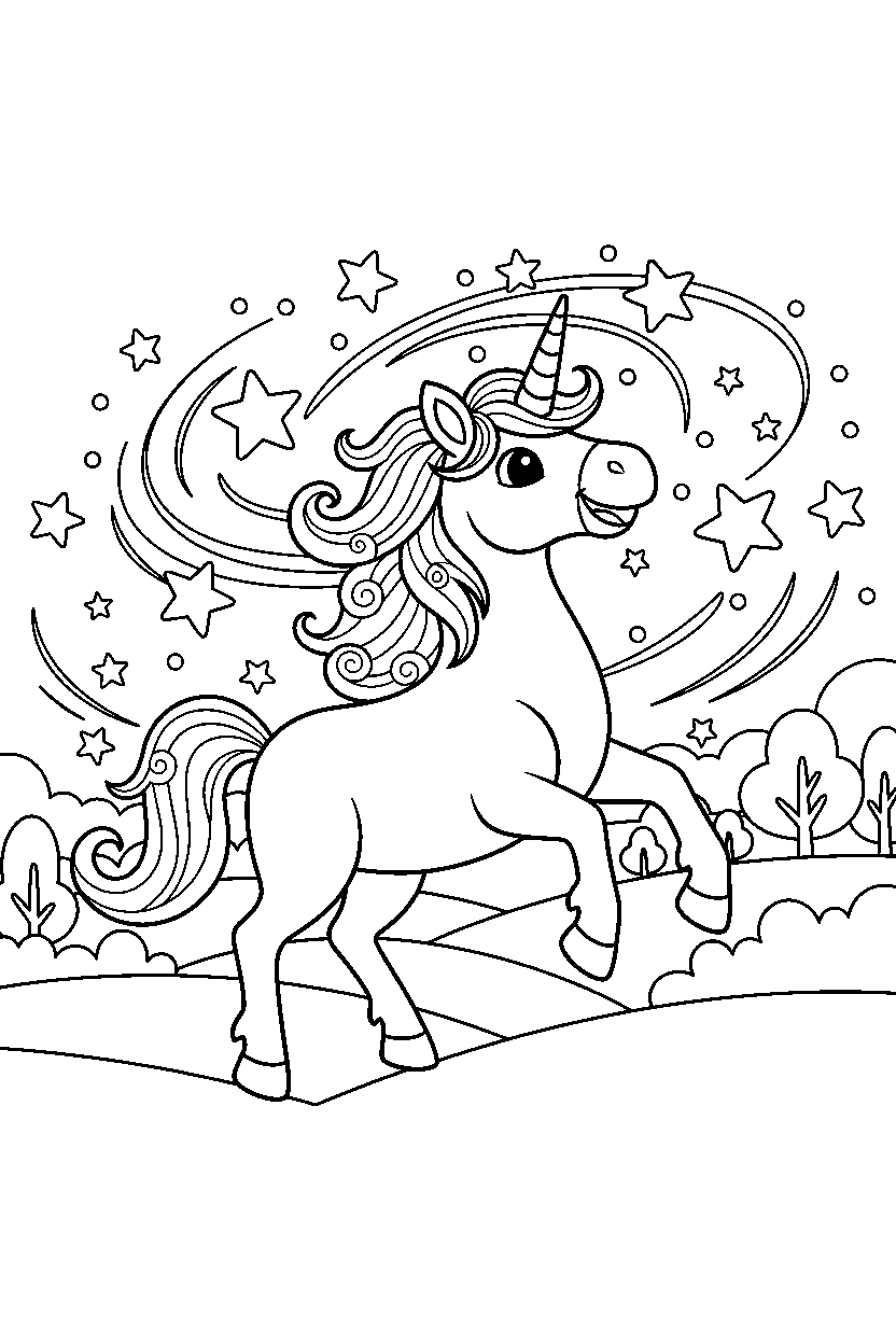 unicorn running happily in a starry valley line art