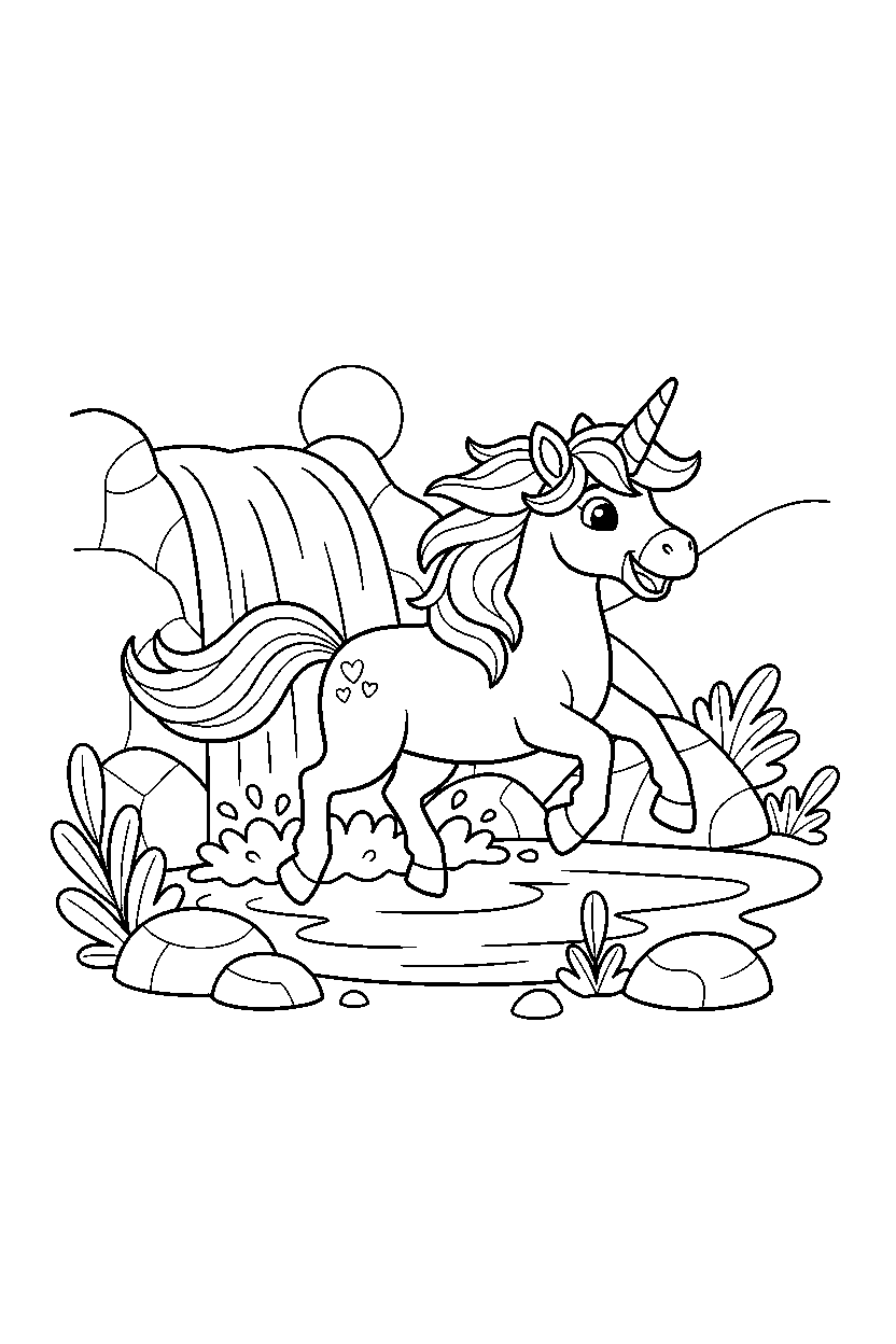 unicorn running happily near a waterfall line art