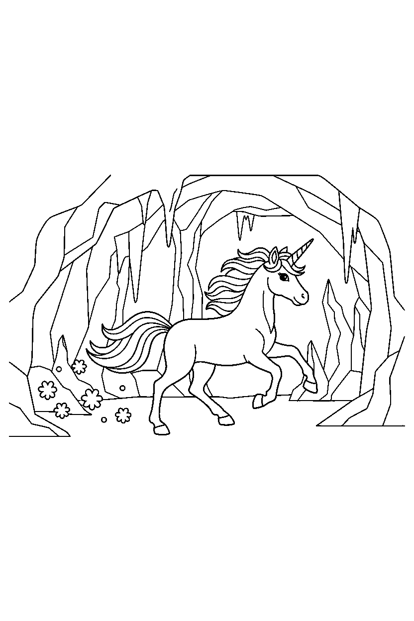 unicorn running in icy cave line art