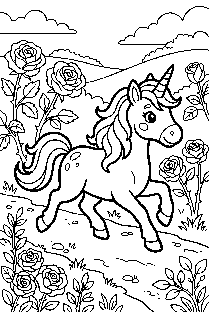 unicorn running in rose garden line art
