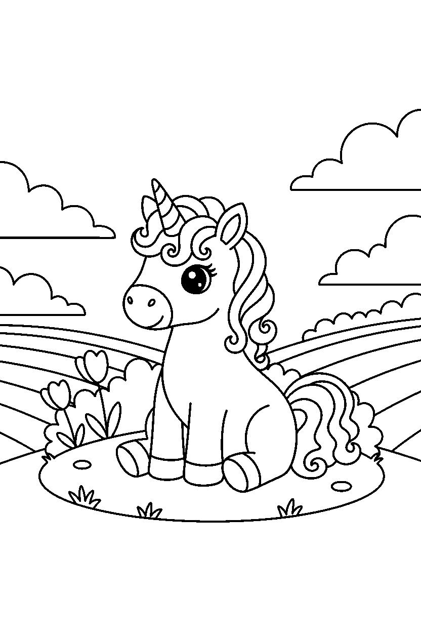 unicorn sitting peacefully in a peaceful countryside line art