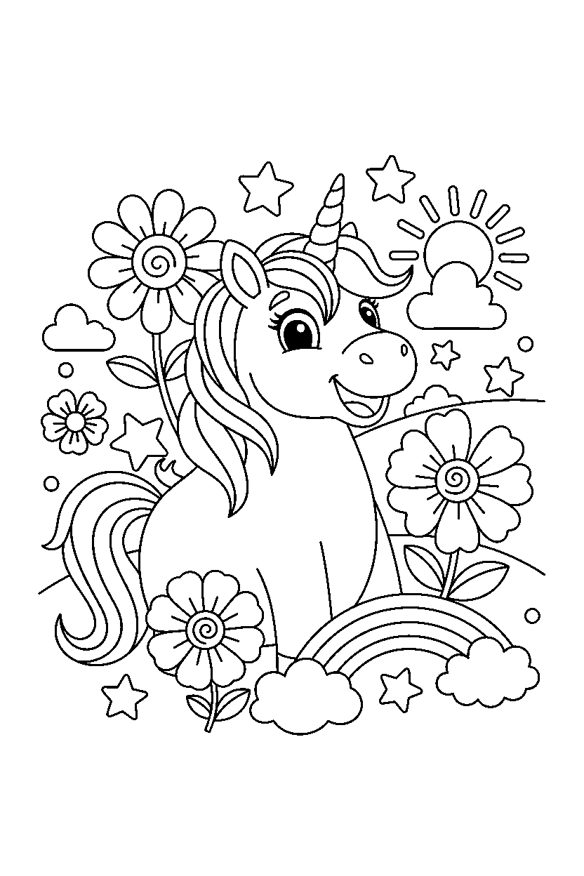 unicorn smiling happily in a colorful world line art