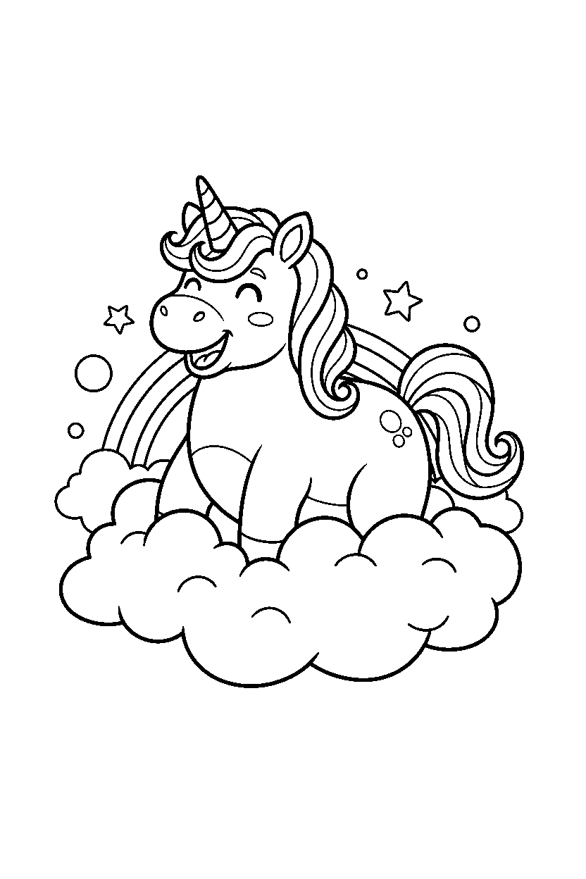 unicorn smiling happily on a cloud land line art