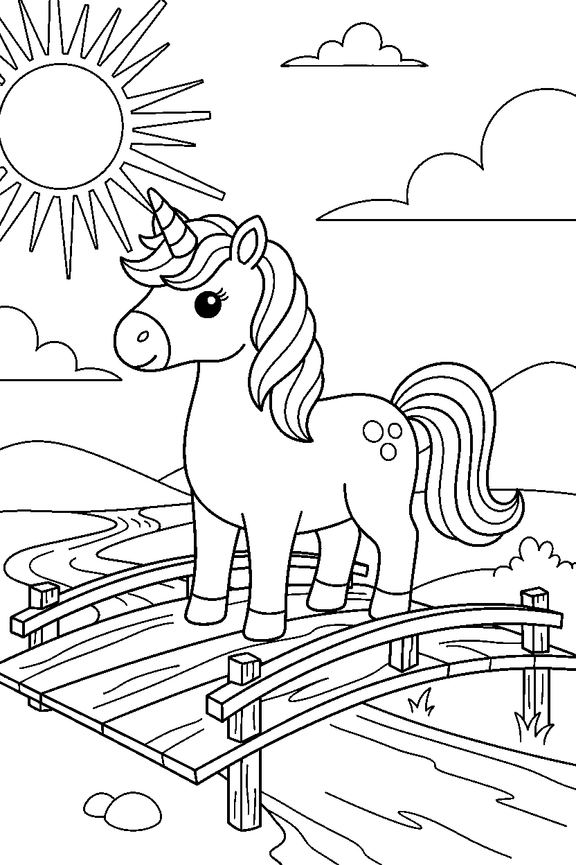 unicorn standing on wooden bridge line art