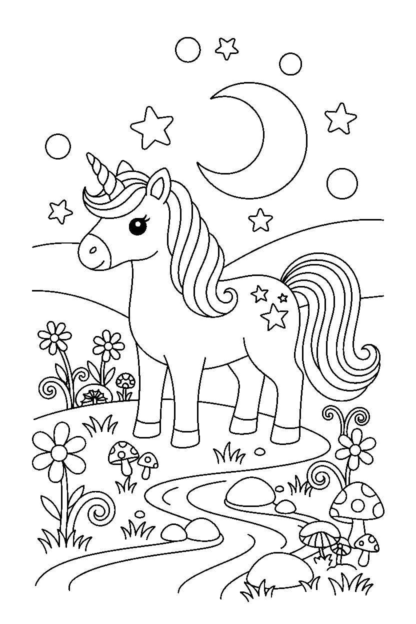 unicorn standing peacefully in an enchanted meadow line art
