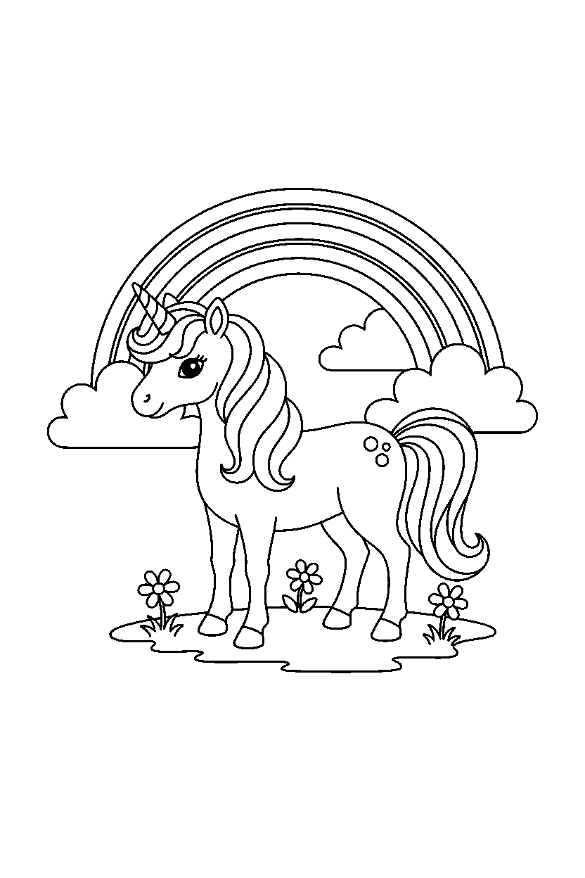 unicorn standing peacefully under a rainbow sky line art