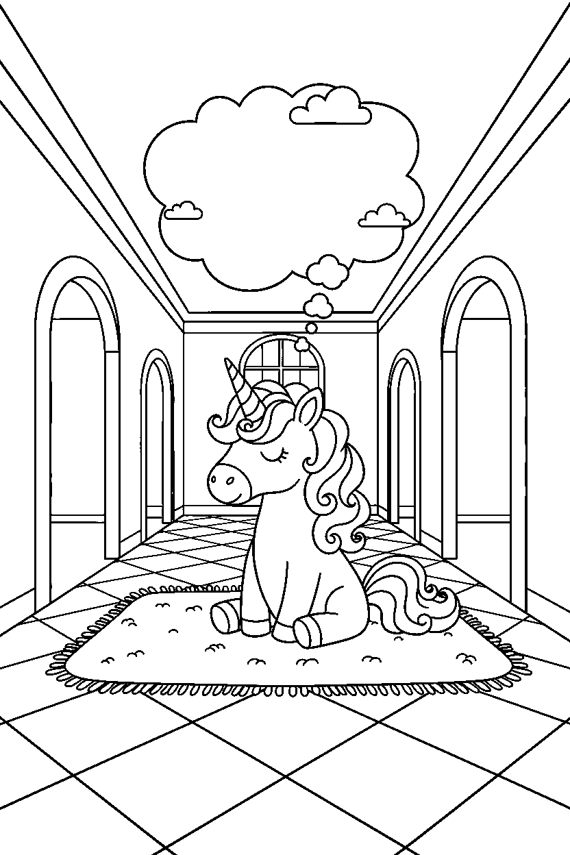 unicorn thinking in hallway line art