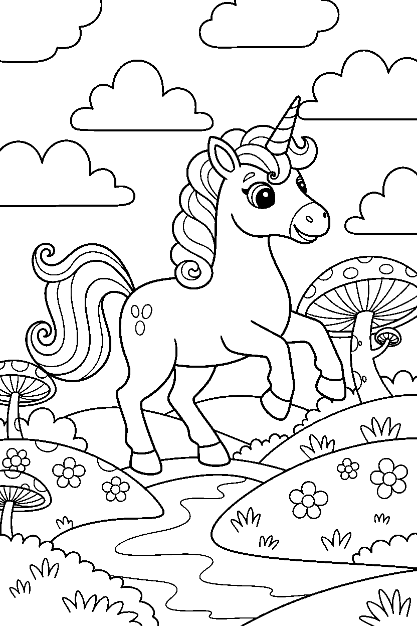 unicorn trotting happily in a fantasy land line art